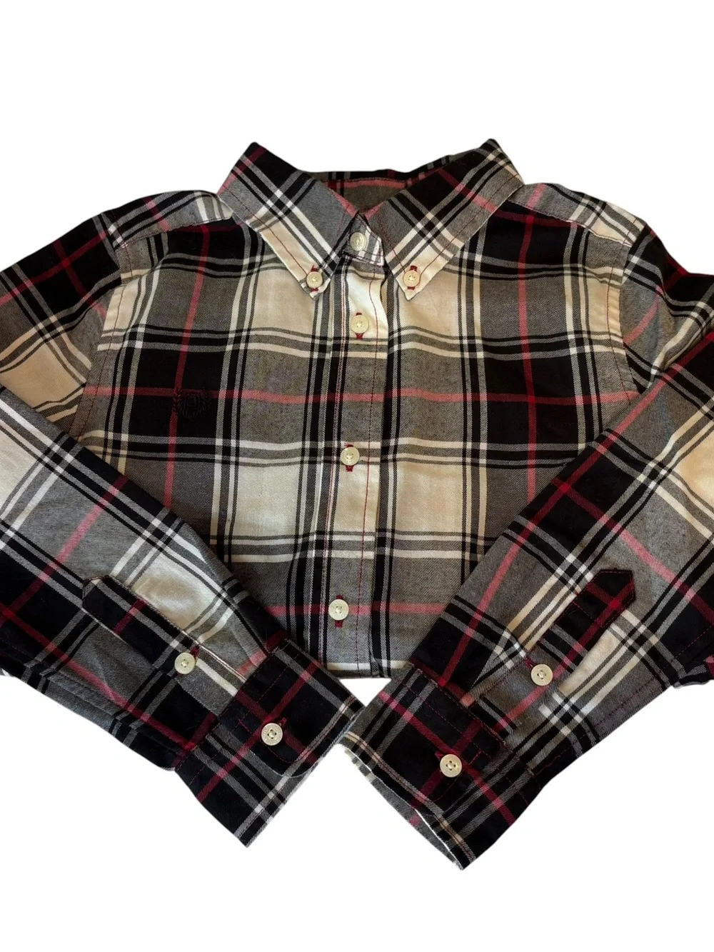 CHAPS Boys Size 7 Plaid Button Down Shirt Black Gray Red Preppy